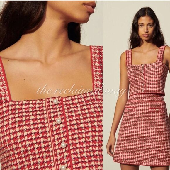 Sandro Tweed Matching Set Two Piece Daniella Crop Top Blandine Skirt Red Pearls - Picture 1 of 15